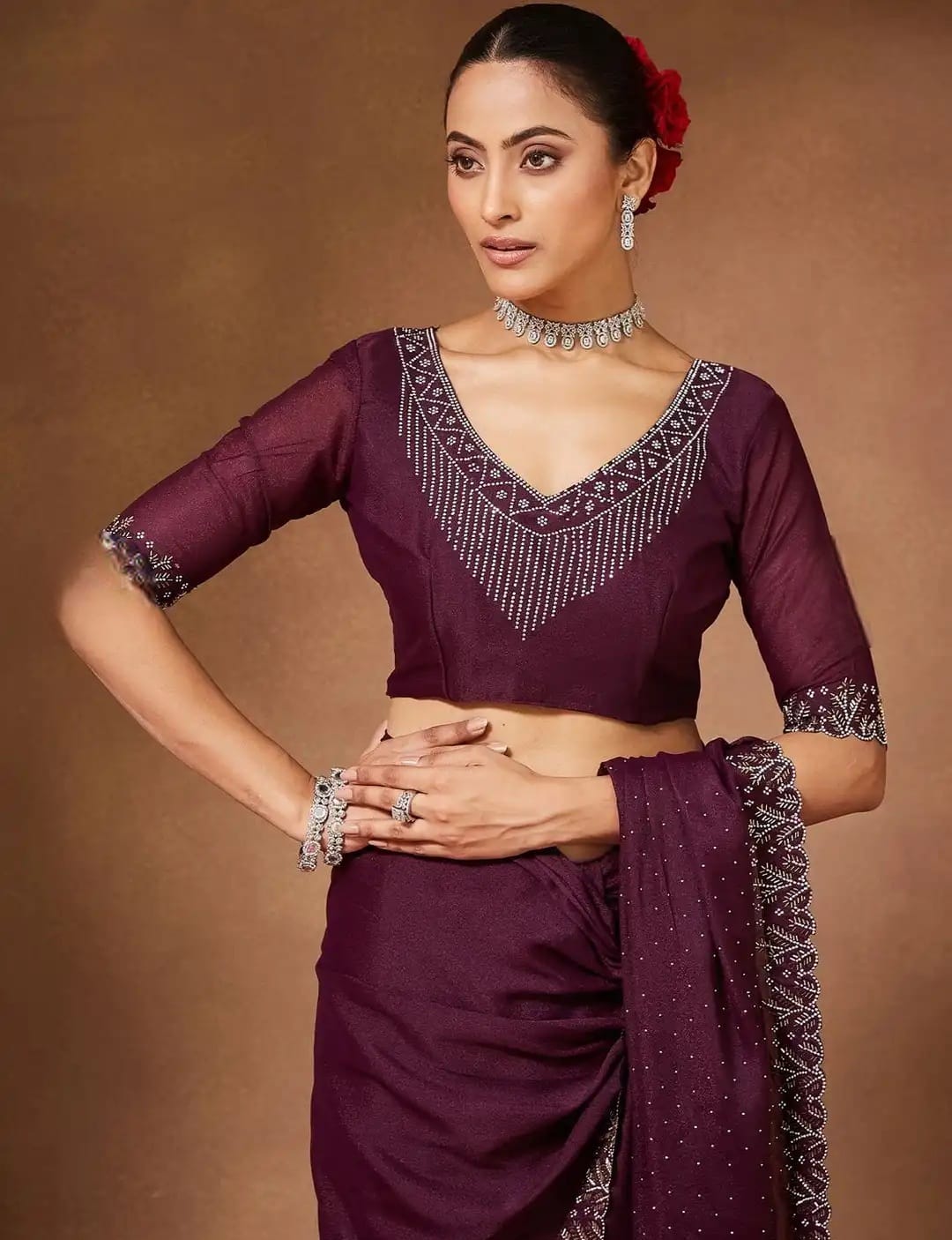 Burgundy Diamond-Studded Party Wear Saree