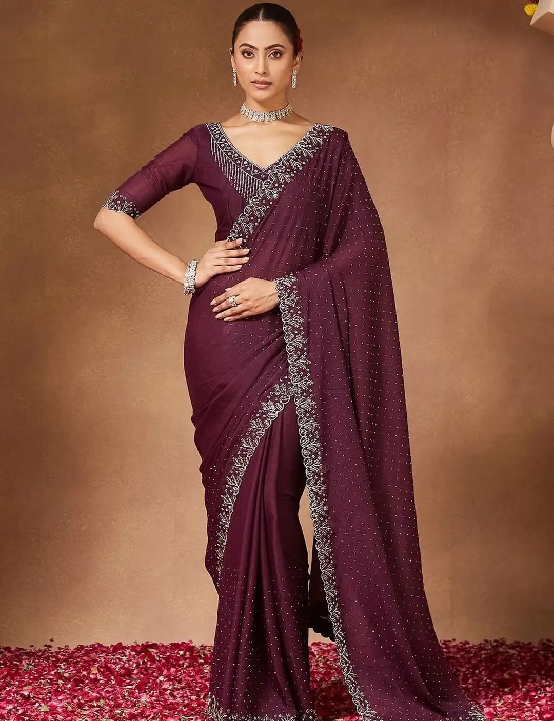 Burgundy Diamond-Studded Party Wear Saree