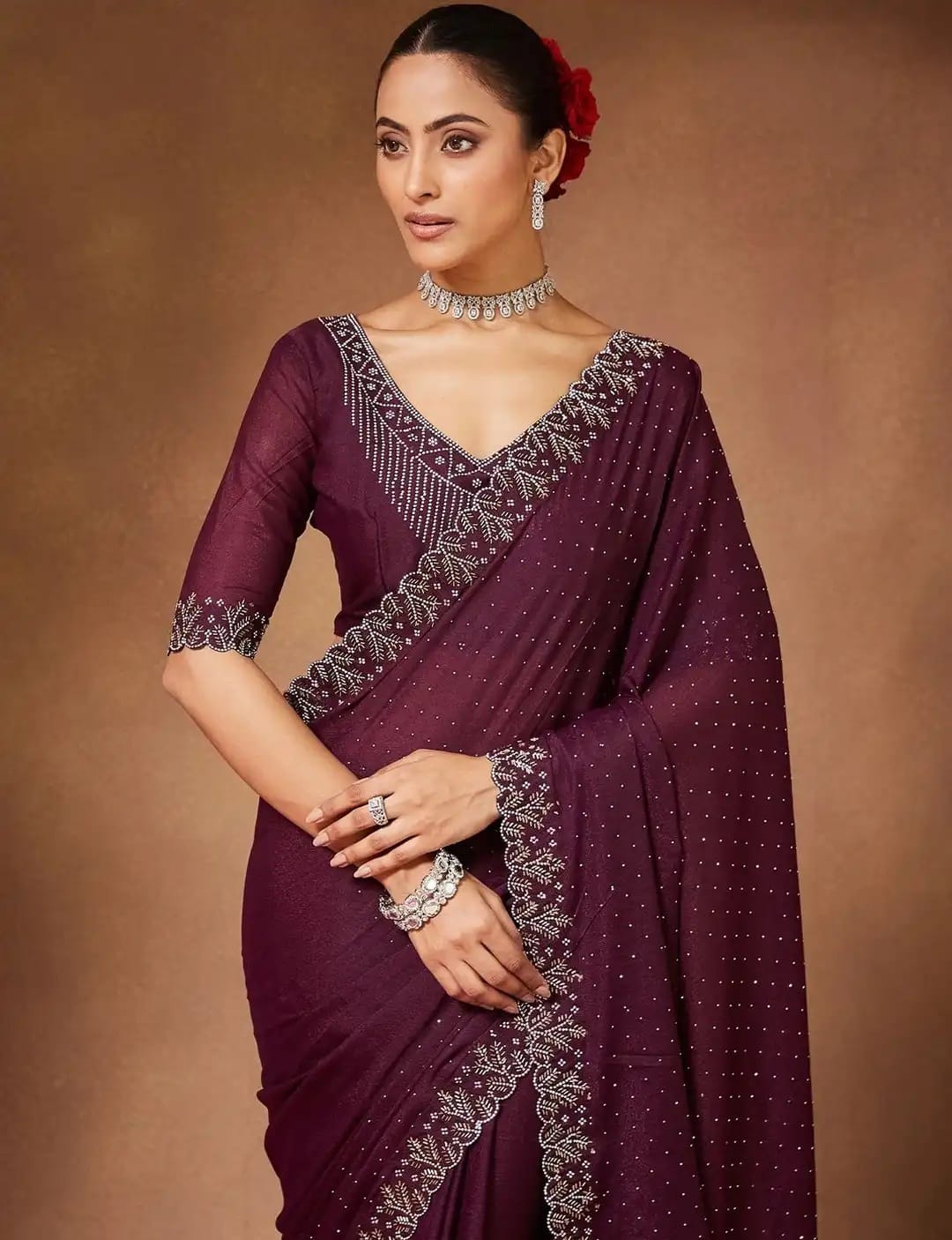 Burgundy Diamond-Studded Party Wear Saree