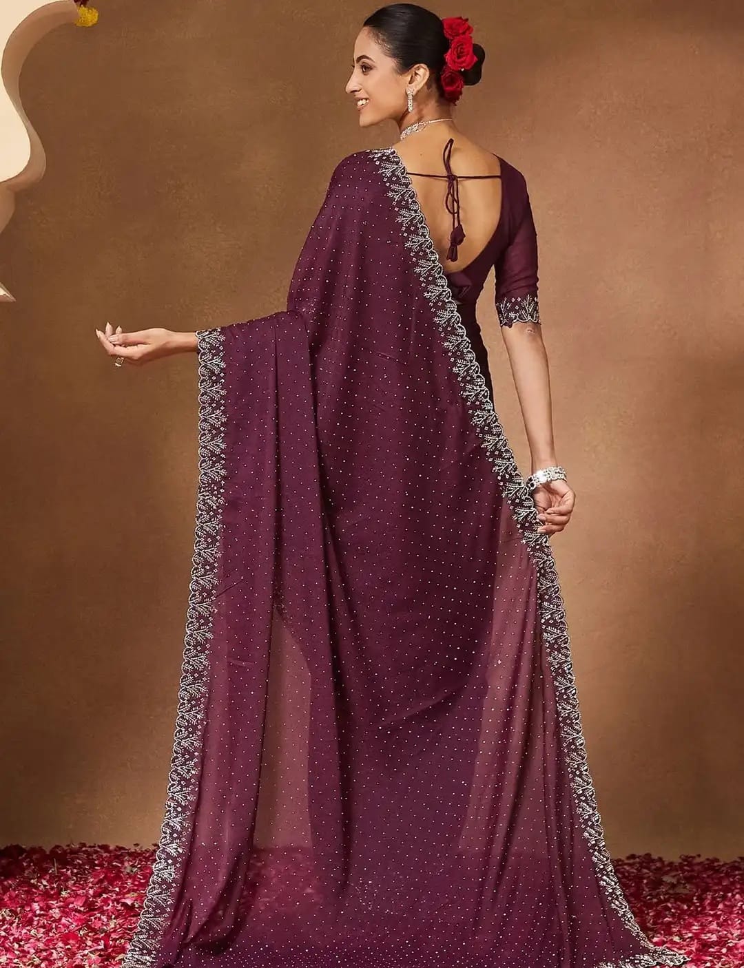 Burgundy Diamond-Studded Party Wear Saree
