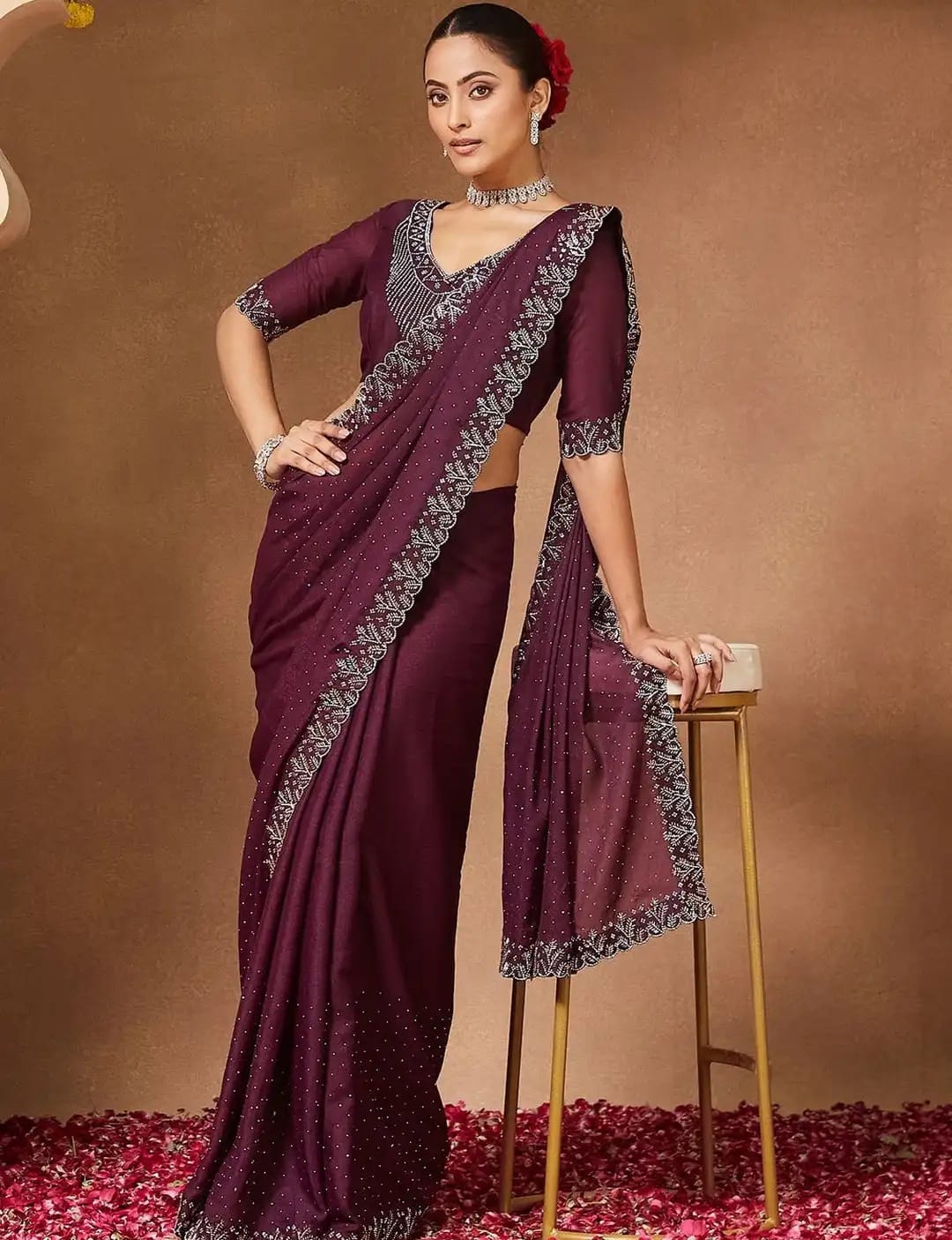 Burgundy Diamond-Studded Party Wear Saree