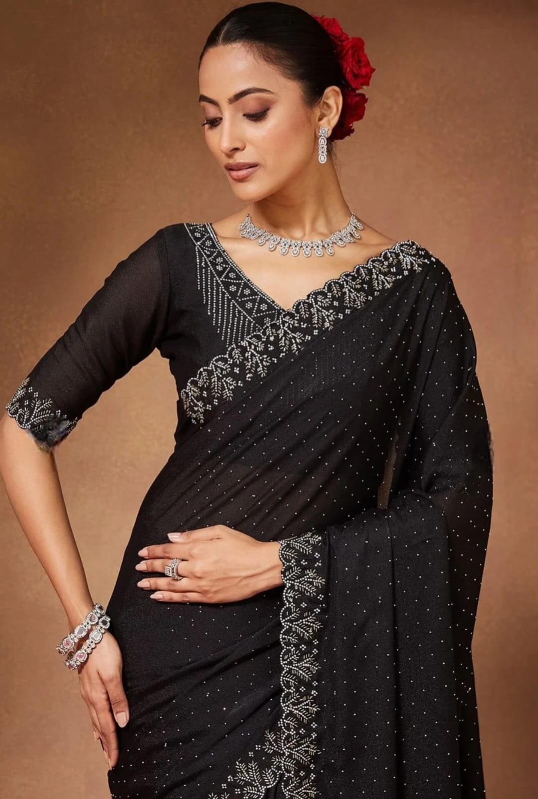 Black Diamond-Studded Elegance Saree