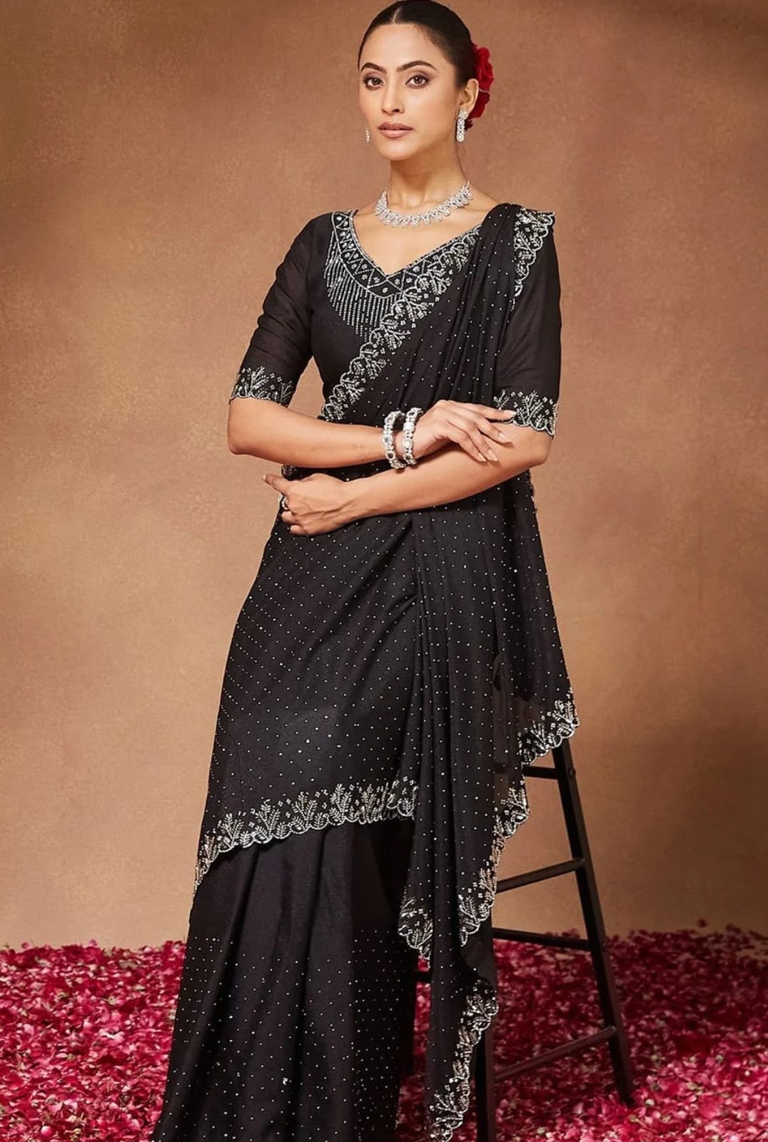 Black Diamond-Studded Elegance Saree