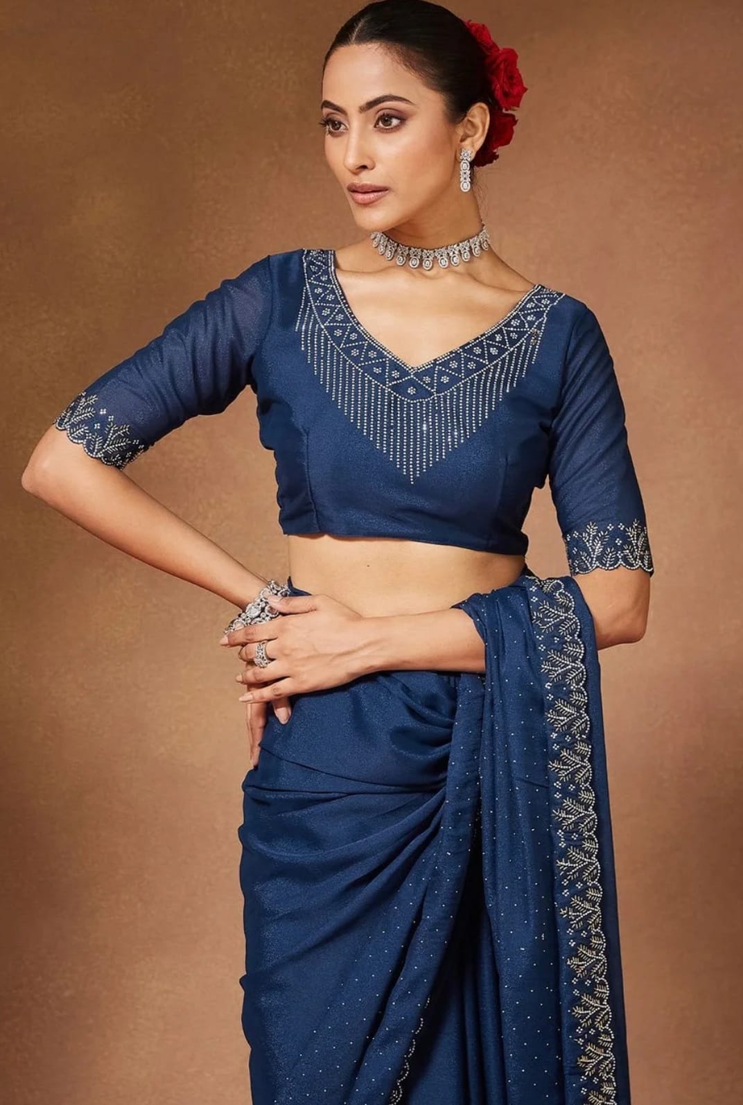Midnight Blue Diamond-Studded Elegance Saree